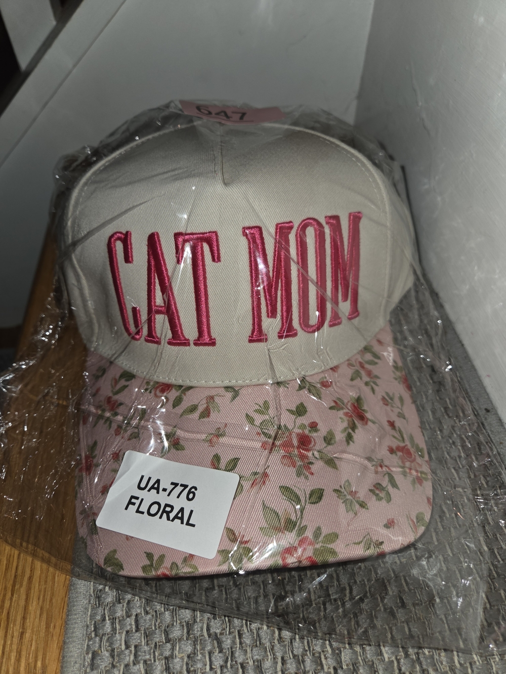 Cat Mom Floral Baseball Cap - Cream & Pink